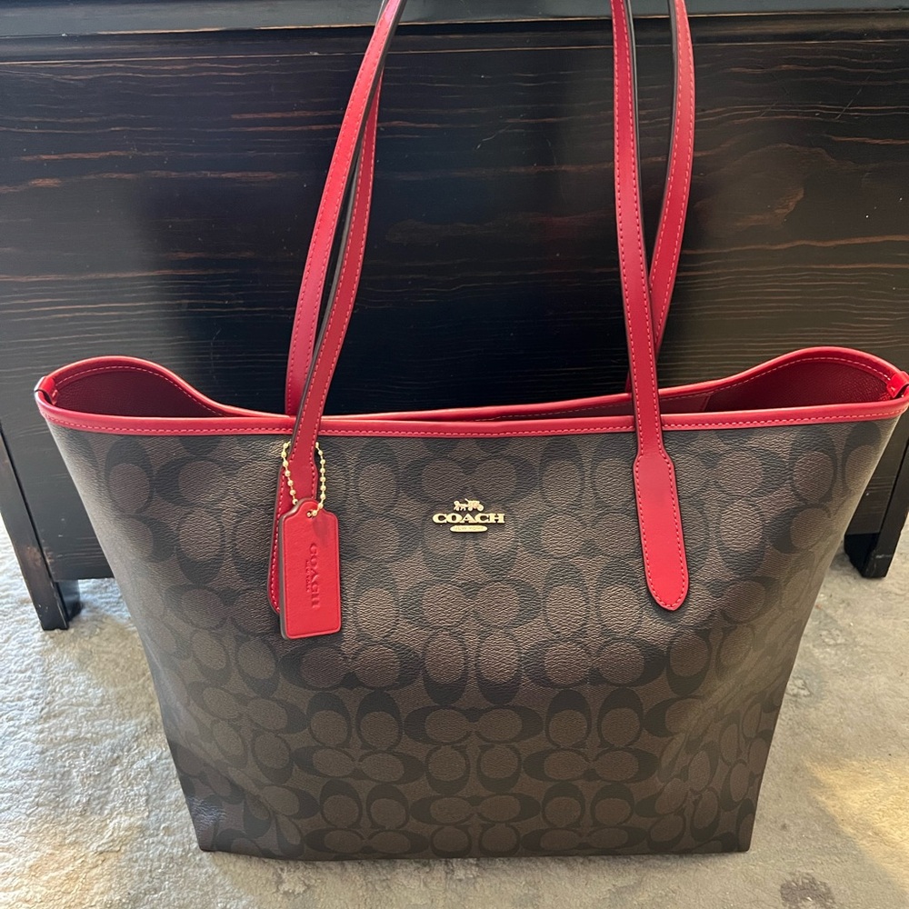 Coach Signature Brown and Red Tote with Gold Hardware